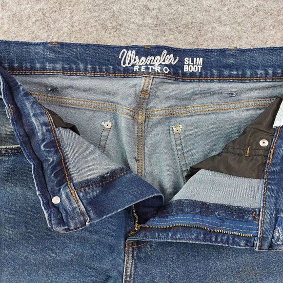 Wrangler Retro Jeans Mens 36x38 Blue Slim Boot Bootcut Stretch Denim 1077MWZMP - Picture 3 of 12